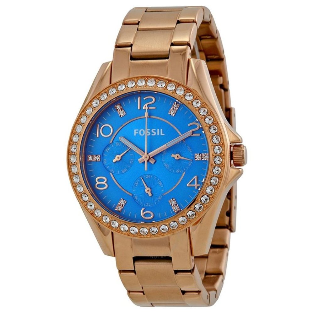 FOSSIL Rose-gold Riley Multi-function Blue Dial